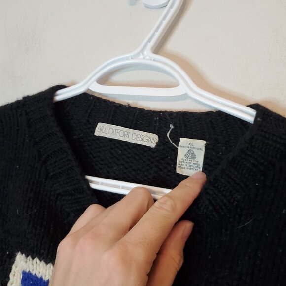 Vintage 90s Patterned Wool Heavy Knit Sweater Black Size XL - Picture 5 of 5